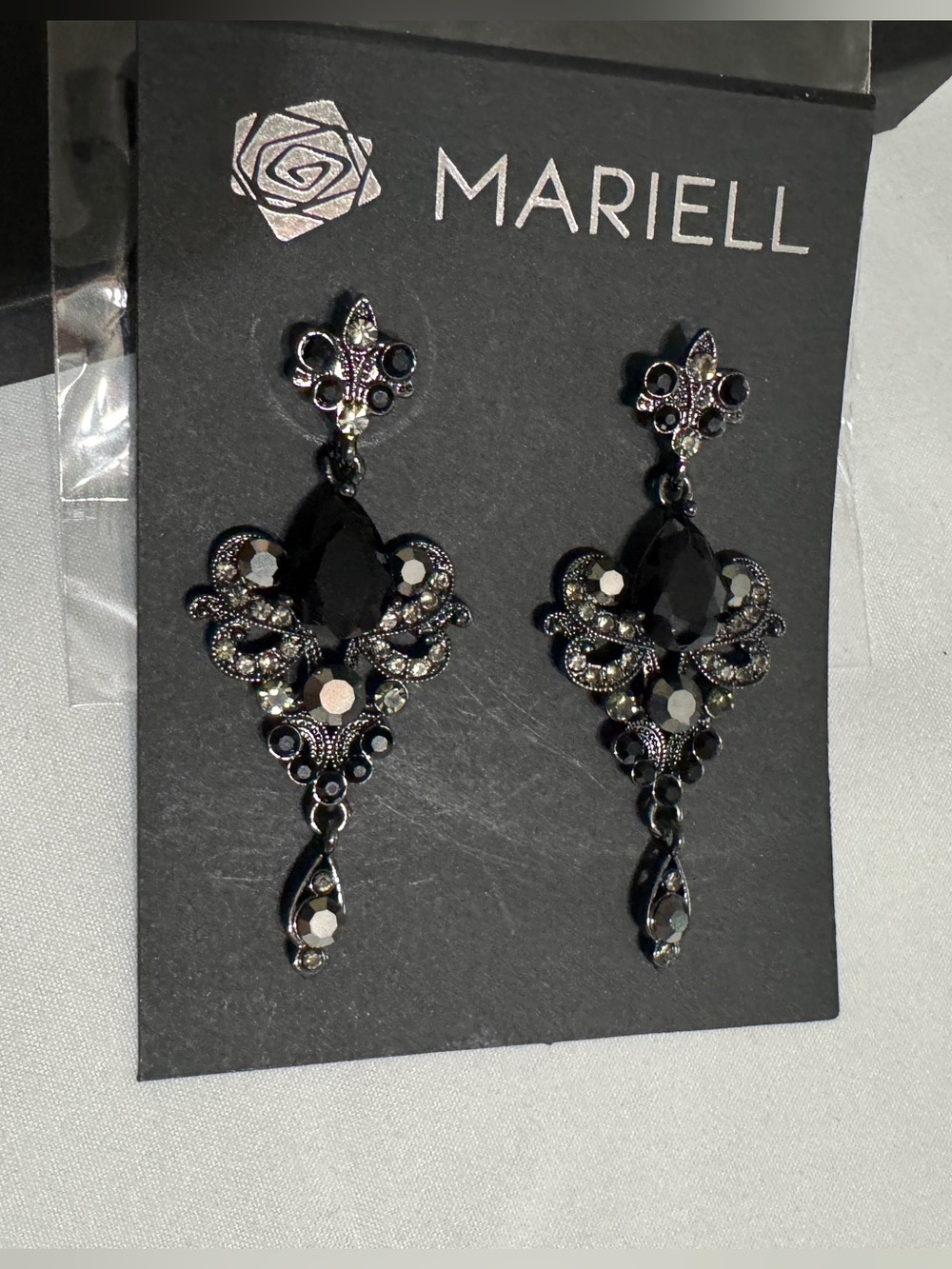 Mariell Black Crystal Filigree Dangle Earrings